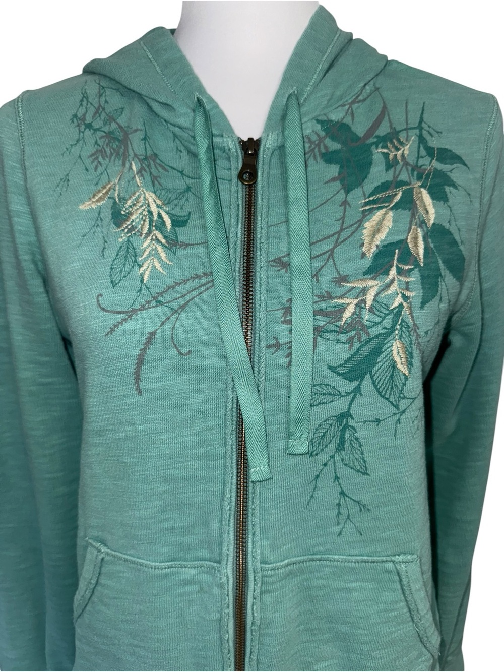 Eddie Bauer Women’s Medium Teal Full Zip Hoodie Embroidered Floral 100% Cotton - Picture 2 of 9